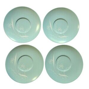 Lot of 4 Vintage Texas Ware 6" Melamine Saucer Plates Aqua w/ White Floral MCM